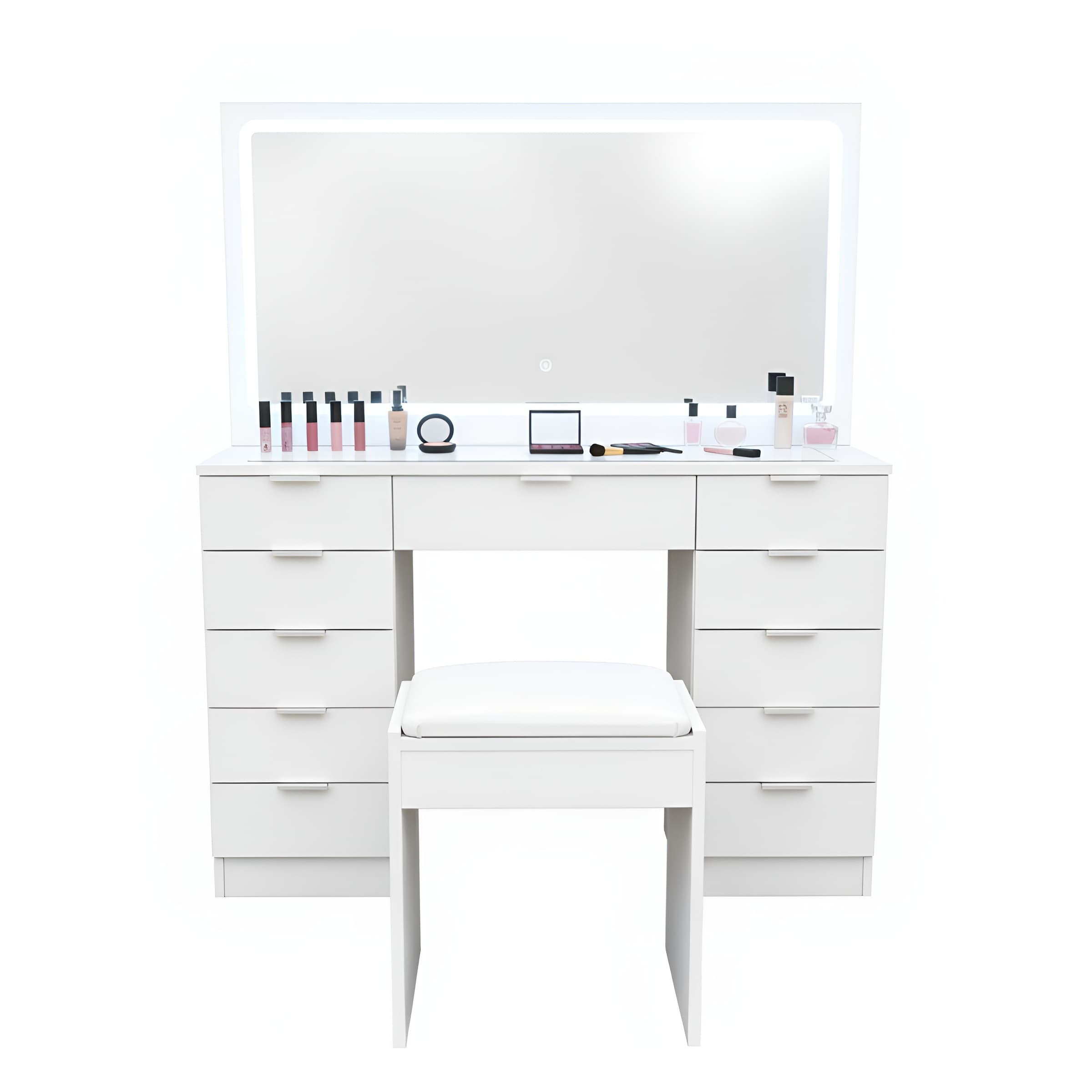 Tocador Maquille con espejo LED 110x40x135 cm | 11 cajones, encimera de cristal templado | Luz regulable en 3 tonos | Taburete acolchado | Sistema antivuelco | Diseño moderno ideal para dormitorio | Vestidor o estudio de maquillaje