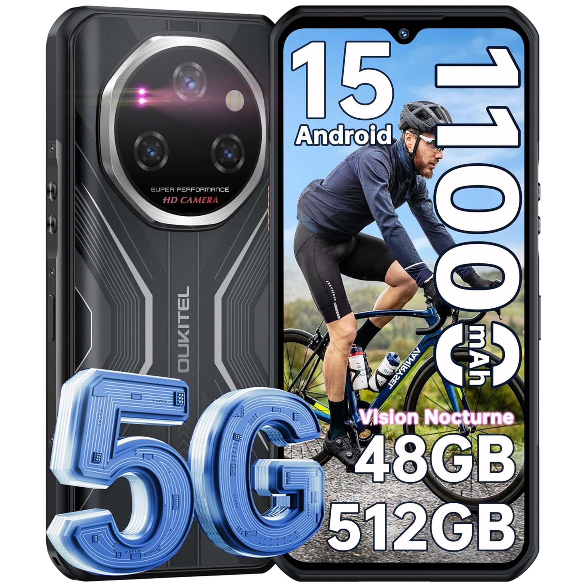 Teléfono Móvil - OUKITEL WP55 Pro 5G Smartphone 6.6 FHD+ IPS 48GB+512GB/2TB Batería 11000mAh/33W Carga Rápida, Android 15 Movil Irrompible, 120Hz 108MP+32MP Dual SIM/NFC/OTG/GPS/Face ID