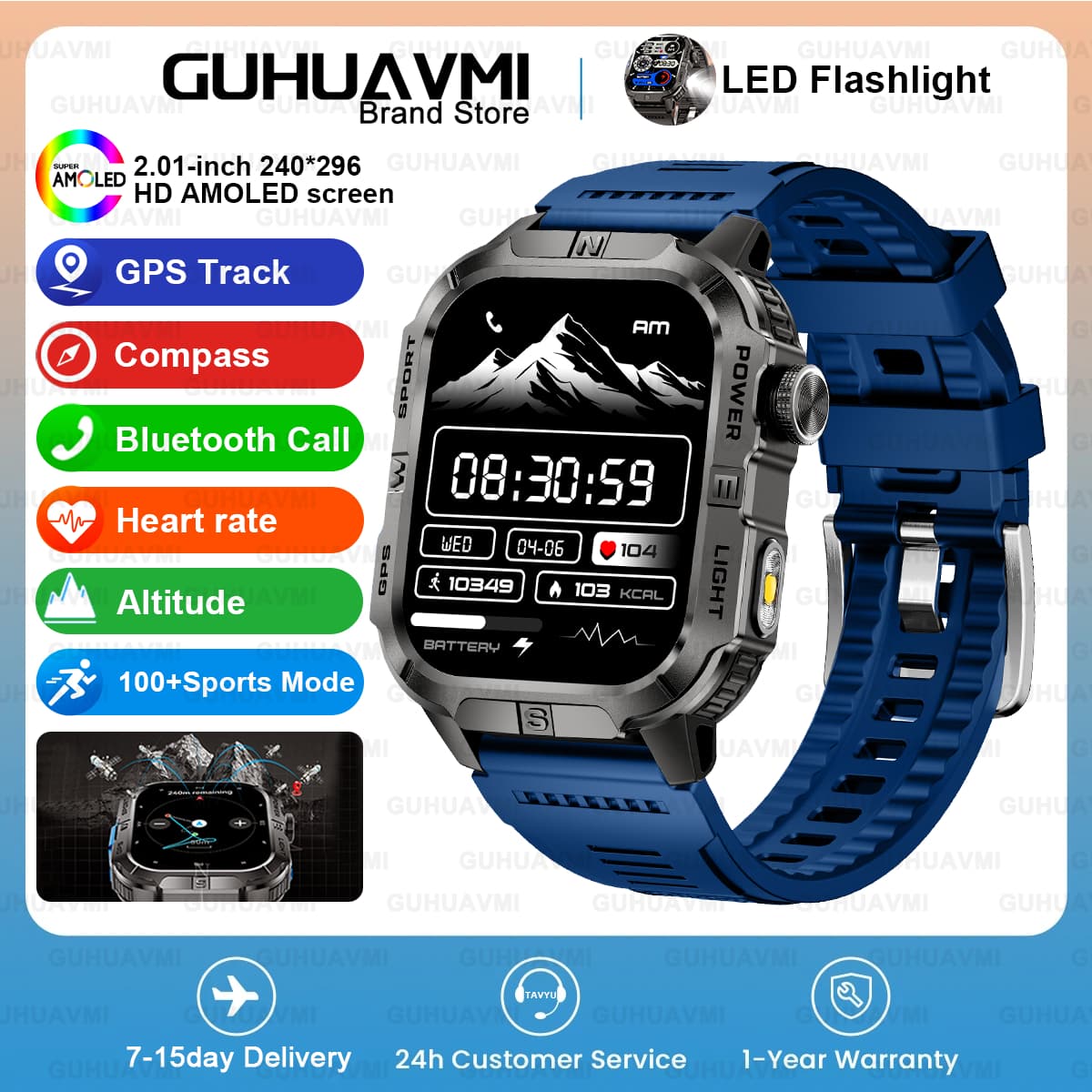 Reloj Inteligente Militar GPS 2026 con Pantalla AMOLED de 2.01'', GPS Integrado, Brújula, Linterna, Llamadas Bluetooth, Resistente al Agua IP68, Reloj Deportivo para Hombre