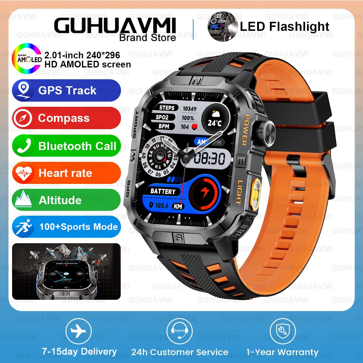 Nuevo reloj inteligente GPS para exteriores, brújula, linterna, resistente al agua IP68, 540mAh, reloj inteligente deportivo para hombres, para Android IOS, llamada Bluetooth, exquisito regalo para hombres