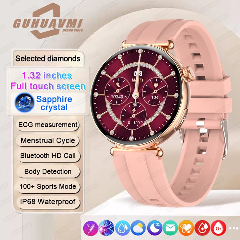 Nuevos relojes inteligentes de alta calidad para mujer, llamadas Bluetooth, pantalla táctil Amoled de 1,32 pulgadas, pulsómetro SpO2 Dream, notificación de Whatsapp, reloj inteligente para la salud de la mujer, esfera personalizada, correa de diamantes