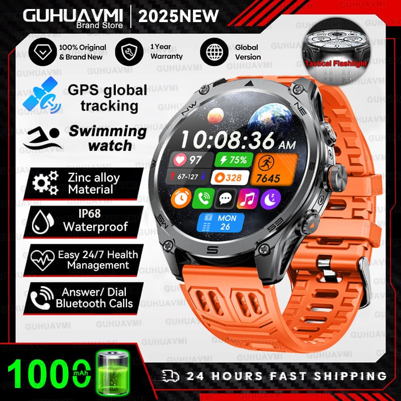 Reloj Inteligente Deportivo Militar 2026 para Hombre, Batería de 1000mAh, GPS, Brújula, Llamadas Bluetooth, Relojes Inteligentes de Fitness con Más de 400 Esferas, Adecuado como Regalo de Alta Gama para Hombre