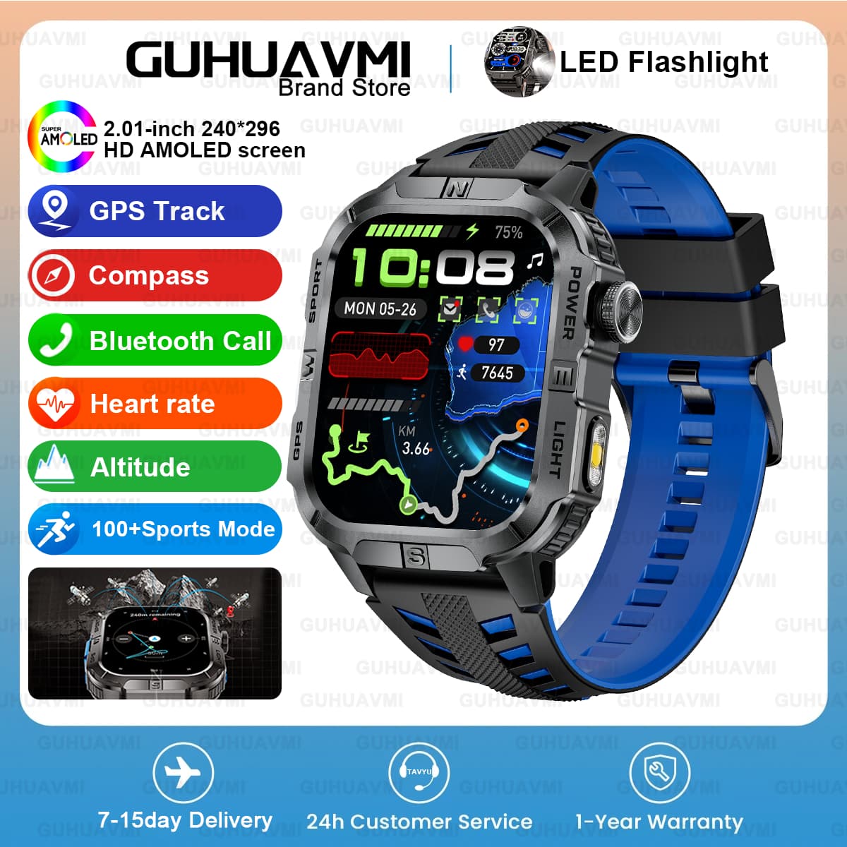 Reloj inteligente deportivo con GPS de grado militar, 2,01 pulgadas, resistente al agua IP68, brújula, 540mAh, Bluetooth, llamadas, para Android IOS, regalos para hombres, novedad de 2026