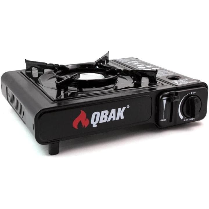 Camping gas, Hornillo de Gas Portátil QBAK con Encendido Automático – Cocina de Camping con Cartucho de Gas Butano – Estufa Compacta, Potente y Segura para Camping, Excursiones, Playa o Caravanas – Color Negro – Incluye Maletín de Transporte