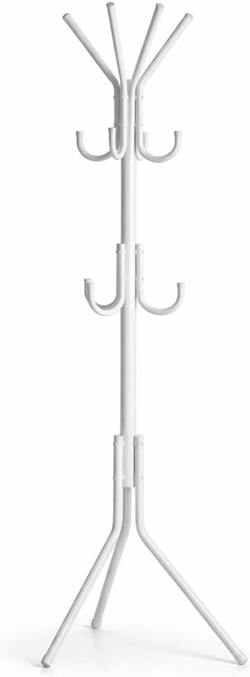 Perchero de Pie Metálico con Ganchos Múltiples | Diseño Moderno y Estable | Estructura de Acero Resistente | Base Triangular Antivuelco | Ideal para Entrada, Dormitorio u Oficina | Blanco