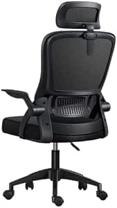 Silla de Oficina, para Gaming, Escritorio Ergonómica con Reposacabezas, Ajustable y con Soporte Lumbar | Respaldo de Malla Transpirable | Reposabrazos Abatibles de 90° | Giratoria 360° (Negro)
