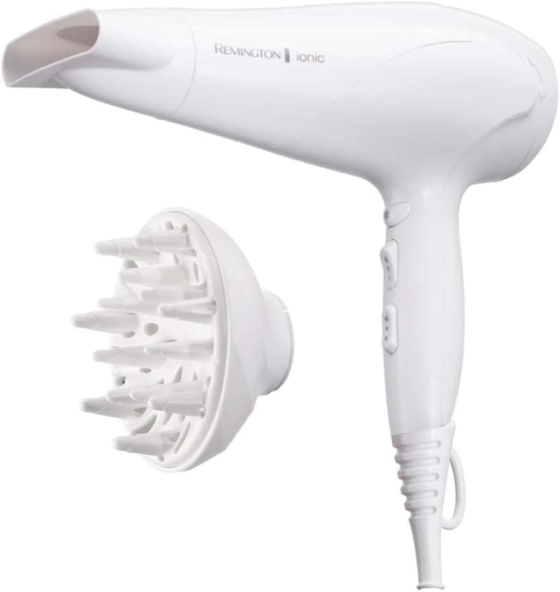 Remington Secador de Pelo Ionic Dry 2200, Iónico, Cabello Sin Encrespamiento, 2200 W, Concentrador y Difusor, 3 Temperaturas, 2 Velocidades, Rejilla Trasera Desmontable, Gancho, Blanco, D3199