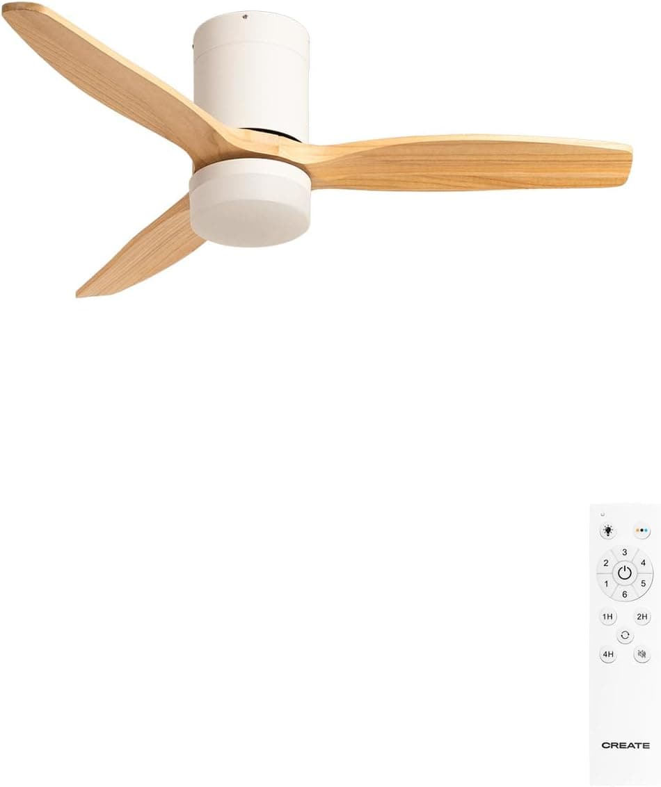 CREATE/WINDCALM S/Ventilador de techo ABS con luz blanco aspas efecto madera clara con mando / 40W, Silencioso, Ø112 cm, 6 velocidades, 3 temperaturas de luz, temporizador, función verano-invierno