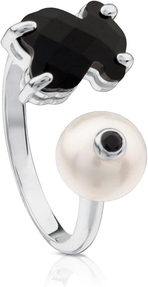 TOUS Anillo de Plata de Primera Ley para Mujer con Perla Cultivada con Espinela y Oso Ónix, Talla 13, Trendy y Personalizable, Colección Erma
