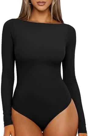 Body Mujer Manga Larga Cuello Barco Bodysuit Tops Básico Ajustado Elegante Leotardo Camiseta Casual Jumpsuit Tops Otoño Invierno Suave Sin Costuras Combinar Interior