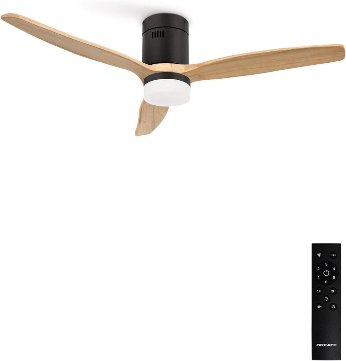 CREATE/WINDCALM/Ventilador de techo ABS con luz negro aspas efecto madera clara y mando / 40W, Silencioso, Ø132 cm, 6 velocidades, 3 temperaturas de luz, temporizador, función verano-invierno
