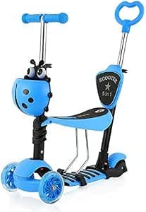 YOLEO Patinete para Niños 5-en-1, Patinete 3 Ruedas LED Parpadeantes, Scooter para Niños con Manillar Ajustable Asiento Extraíble de 2 a 8 años, Carga Máxima de 50 kg