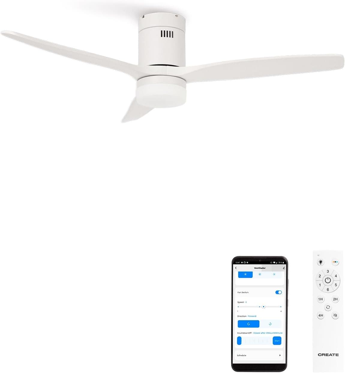 CREATE/WINDCALM/Ventilador de techo ABS con luz blanco con Wifi y mando / 40W, Silencioso, Ø132 cm, 6 velocidades, 3 temperaturas de luz, temporizador, función verano-invierno