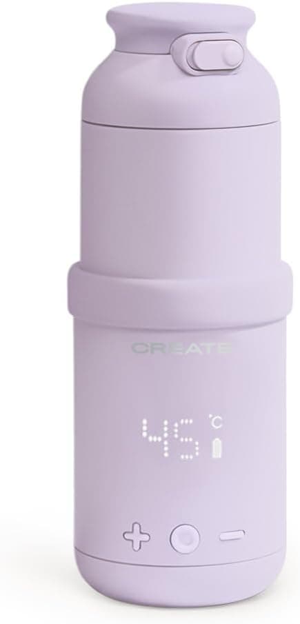 CREATE/BABY PORTABLE MILK WARMER/Termo calentador de leche y agua para biberones lavanda/Selector de temperatura, para leche materna y de fórmula, capacidad de 310 ml, libre BPA/PFOA, 35W