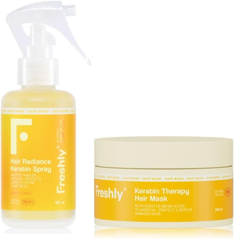 Freshly - Keratin Strength & Repair Pack – Rutina Capilar Natural para Pelo Dañado – Mascarilla Reparadora + Spray Desenredante – Con Keratina Vegana Biomimética – 99% Natural
