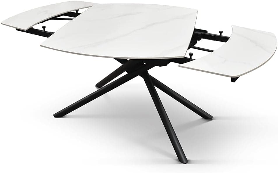 PAZZO DESIGN mesa extensible giratoria Achille, tablero en cerámica blanca statuario, patas de metal negro, 120 x 88 x 76 cm - id_2206