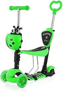 YOLEO Patinete para Niños 5-en-1, Patinete 3 Ruedas LED Parpadeantes, Scooter para Niños con Manillar Ajustable Asiento Extraíble de 2 a 8 años, Carga Máxima de 50 kg