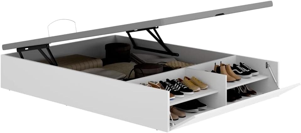 DEKIT Canapé Abatible LAN 135x190 cm Blanco con Zapatero Integrado | Gran Capacidad de Almacenaje | Tapa 3D Transpirable y 4 valvulas de aireación | Pistones Hidráulicos | Reforzado