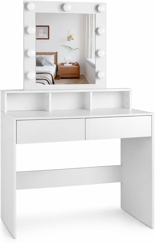 Tocador de maquillaje con Luz | Mueble tocador con Espejo 2 cajones y estantes de almacenamiento | Mesa de maquillaje moderno blanco para dormitorio, cómoda organizadora cosméticos y joyas