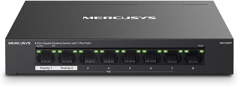 Mercusys MS108GP-Switch PoE Gigabit, 8 Puertos, 7 PoE, Plug and Play, RJ45