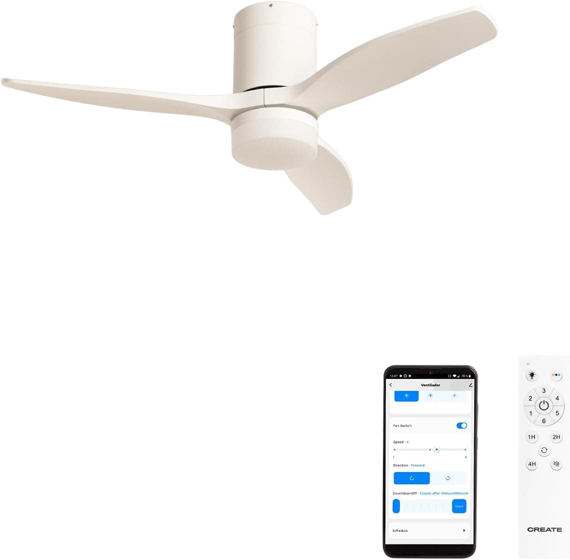 CREATE/WINDCALM S/Ventilador de techo ABS con luz blanco con Wifi y mando / 40W, Silencioso, Ø112 cm, 6 velocidades, 3 temperaturas de luz, temporizador, función verano-invierno