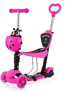 YOLEO Patinete para Niños 5-en-1, Patinete 3 Ruedas LED Parpadeantes, Scooter para Niños con Manillar Ajustable Asiento Extraíble de 2 a 8 años, Carga Máxima de 50 kg