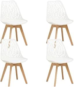 Juego de 4 Sillas de Comedor Estilo Nórdico, Respaldo Calado con Forma de Hoja, Asiento Tapizado en PU Acolchado, Patas de Madera de Haya, para Cocina, Salón, Cafetería y Oficina, Blanco