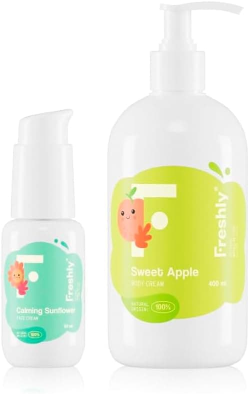 Freshly Cosmetics | Calming Sunflower + Sweet Apple Pack | Crema Facial 50 ml + Crema Corporal 400 ml | Rutina Hidratante para Bebés y Niños con Piel Sensible