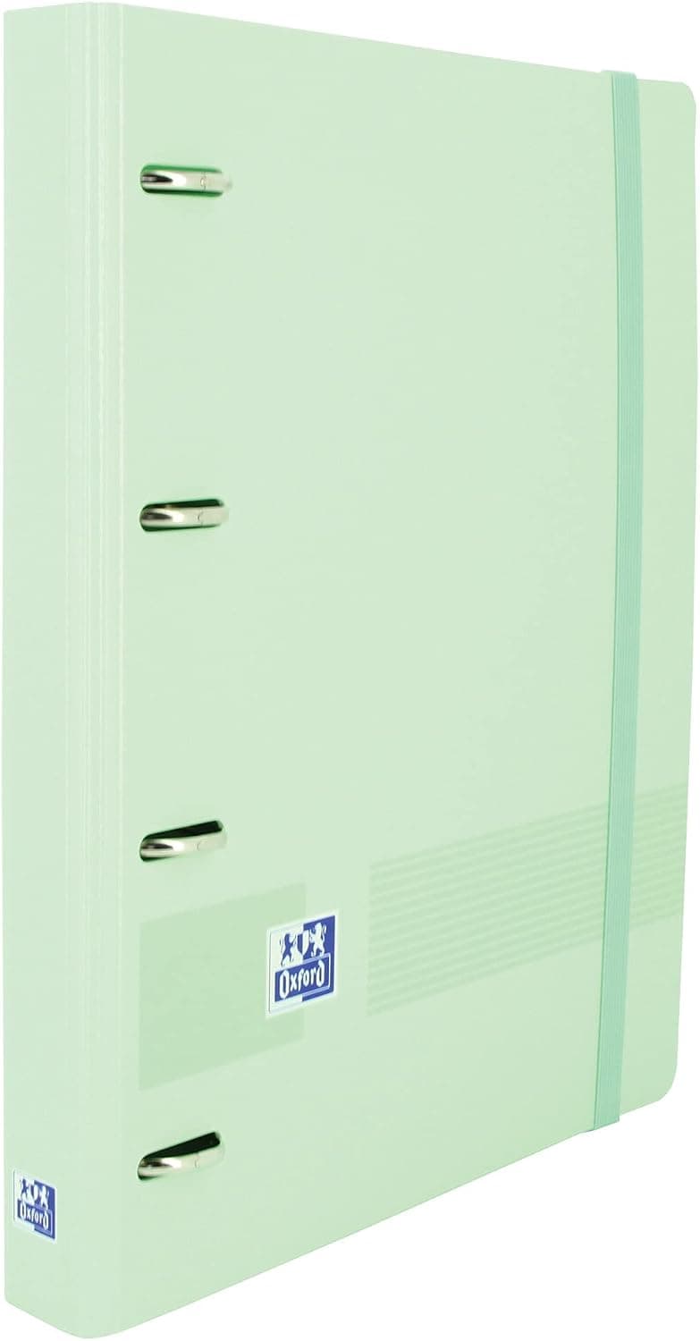Oxford Live & Go, Archivador 4 Anillas Plástico Polyfoam con Recambio y Goma. Tamaño A4+, Pizarra Extraíble, Hoja de Pegatinas, Recambio con 5 Bandas Color y Cuadrícula 5x5, Color Verde Menta