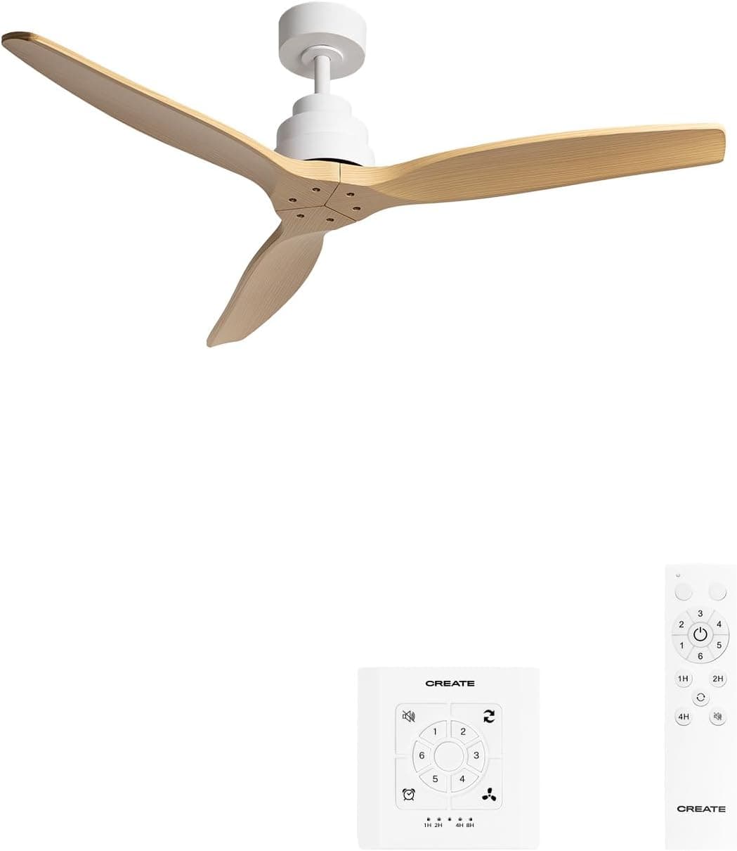 CREATE / WINDSTYLANCE M/Ventilador de techo ABS blanco aspas efecto madera natural con controlador y mando / 40W, Silencioso, Ø132 cm, 6 velocidades, temporizador, verano-invierno, doble altura