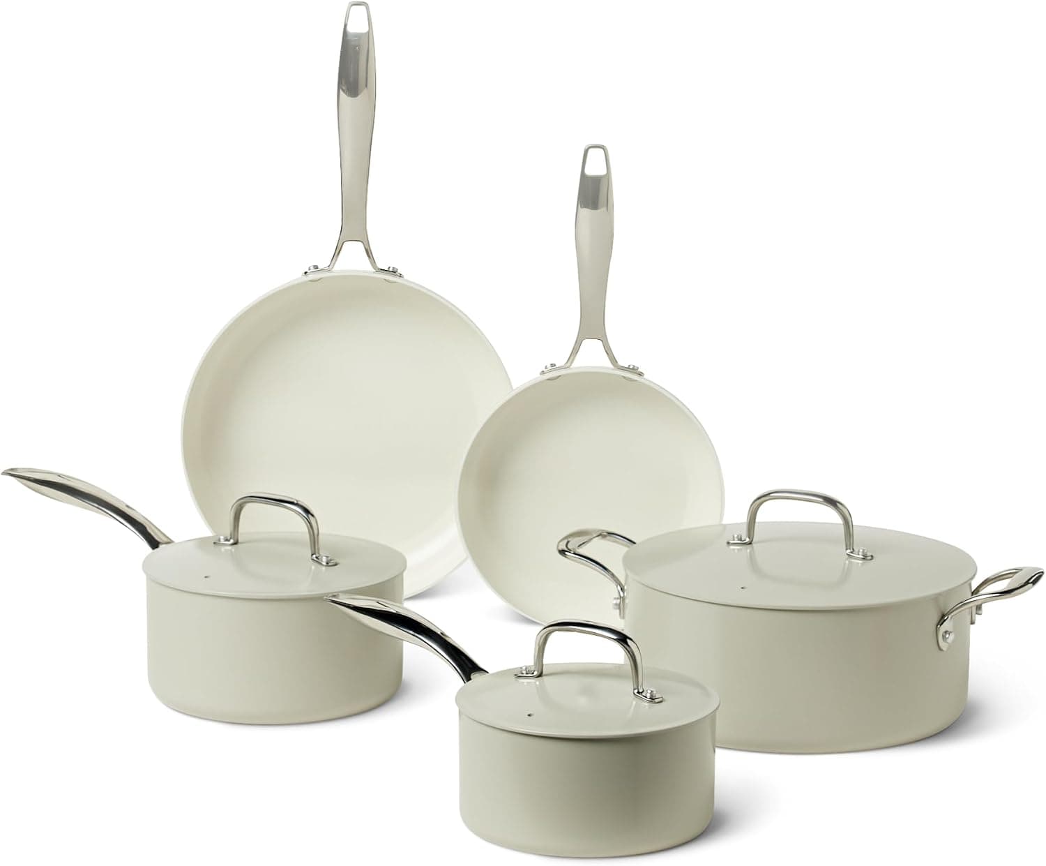 Amazon Basics Batería de Cocina Antiadherente de Cerámica, Juego de 8 Piezas de Ollas y Sartenes, Aptas para Lavavajillas y Horno, Compatibles con Todo Tipo de Fuegos, Gris Lino