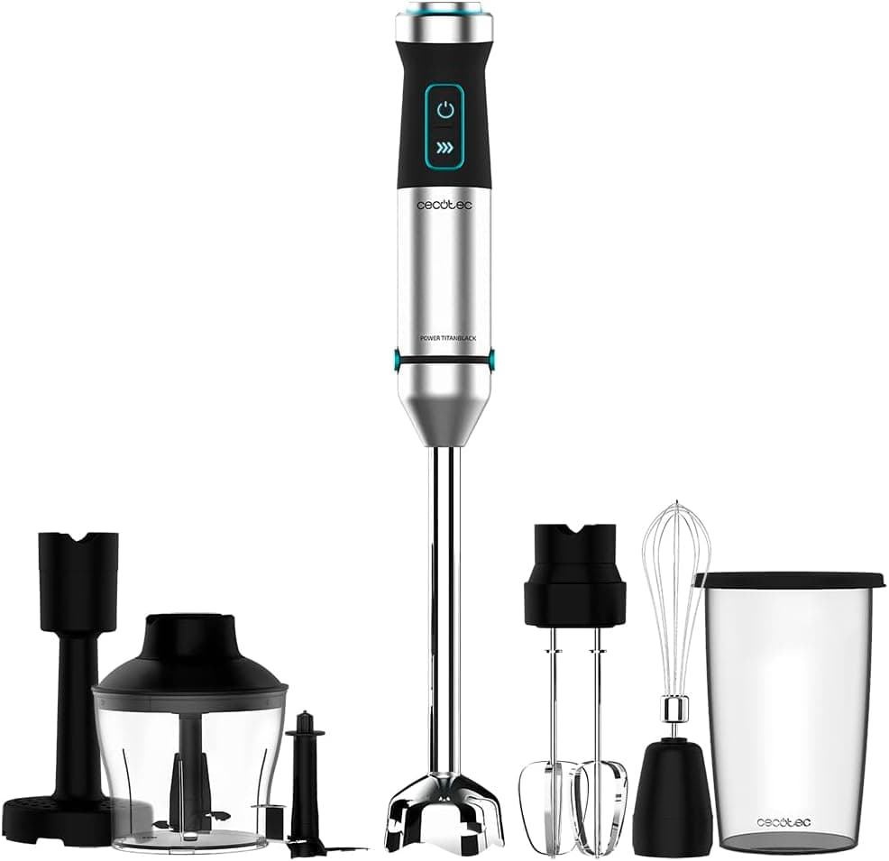 Cecotec Batidora de mano Power TitanBlack 1500 XL PerfectCream&Crush. 1500 W, Tecnología CrossBlades con Cuchillas de 4 hojas, Pie XL, Incluye Picadora, Varillas batidoras y Pasapurés