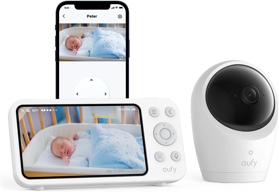Monitor para bebés eufy E20, resolución 2K, Pantalla de 5'' 720p, conexión híbrida, Control con y sin Wi-Fi, Zoom 4×, visión Nocturna, batería integrada, ANR, alertas Inteligentes, grabación 24/7.