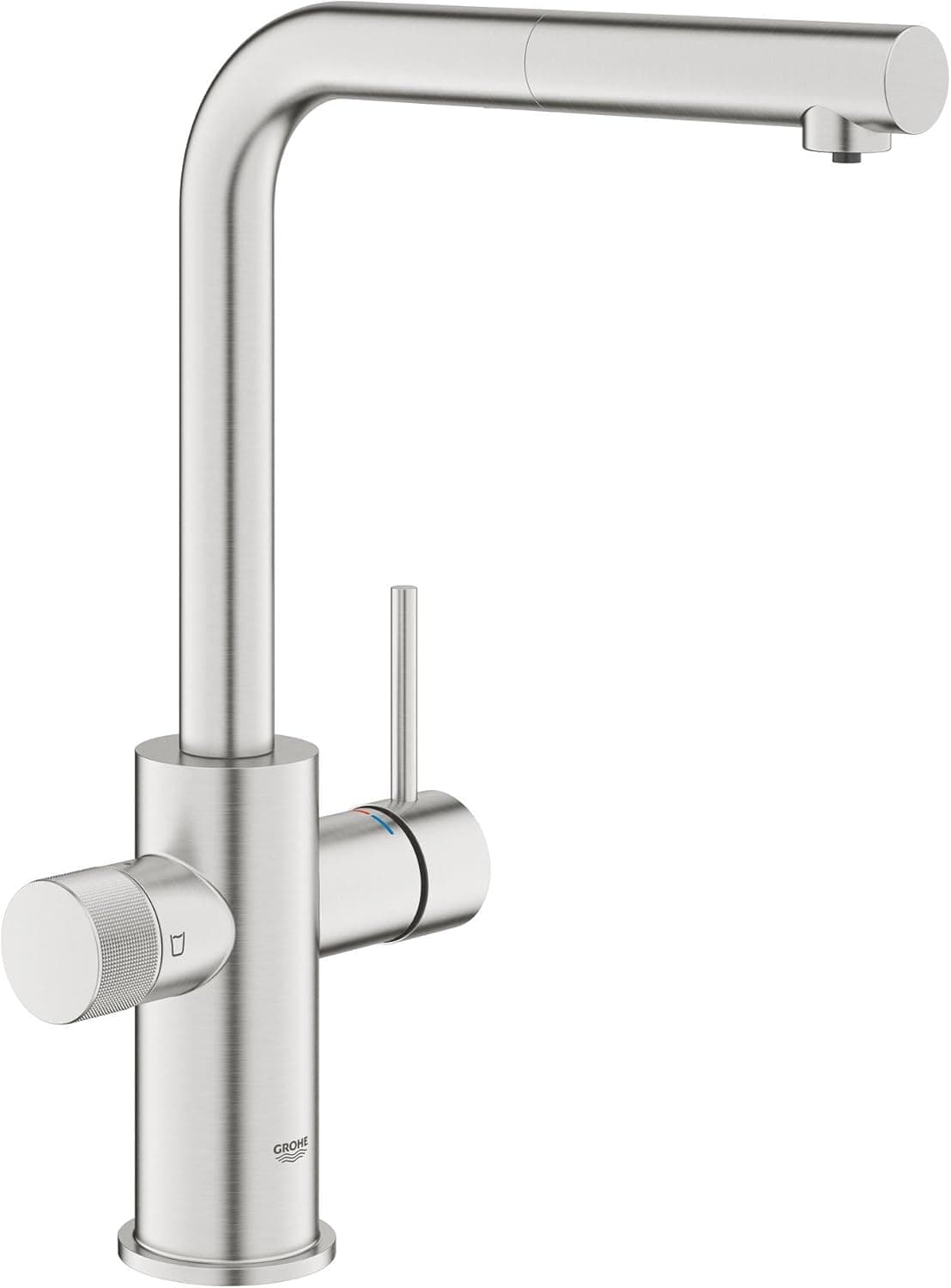 GROHE Blue Pure Minta – Grifo de 3 vías para filtro con caño extraíble (en L, giro 360°, mando de filtrado, cartucho cerámico 28 mm, latiguillos 3/8", requiere set de filtrado), Supersteel, 30590DC0
