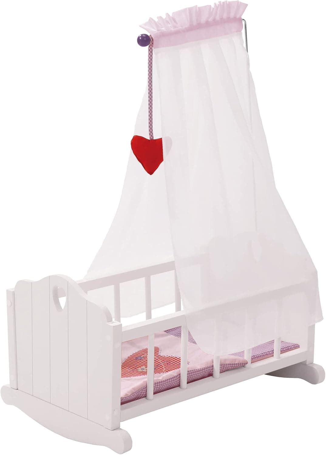 roba Cuna de Muñeca Completa Fienchen - Incluye Textil Rosa - Manta + Almohada + Dosel y Soporte - Para Niñas de 3 a 6 Años - Madera Blanca