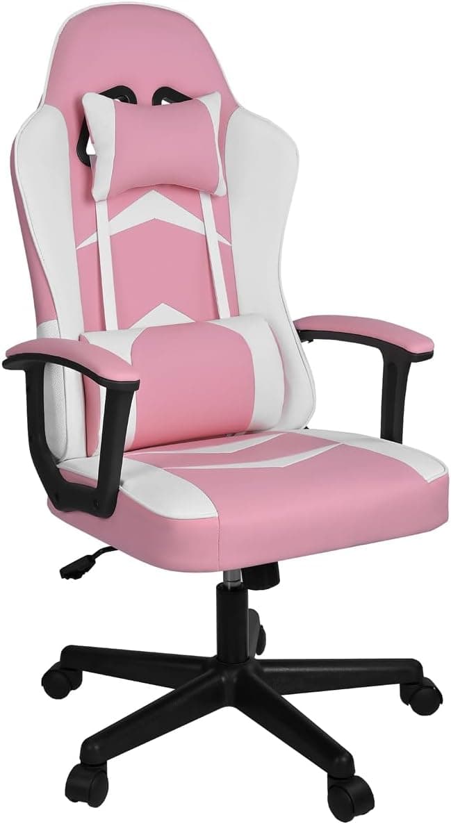 Silla Gaming Ergonómica Reclinable con Cojín Lumbar y Cervical | Respaldo Alto Acolchado | Altura ajustable | Ruedas Giratorias 360° y Reposabrazos | Ideal Ordenador, Oficina, Videojuego o Escritorio