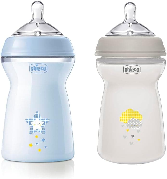 Chicco Biberón Anticolico Natural Feeling, Biberones Anticolicos Bebé 6 Meses+, Biberón Bebé 330 ml de Silicona, Flujo Rápido, Pack 2 Unidades, Azul y Neutro