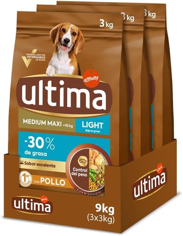 Ultima Medium-Maxi Light In Fat Pollo, Comida seca para perros, Pack de 3 x 3kg, Total 9kg