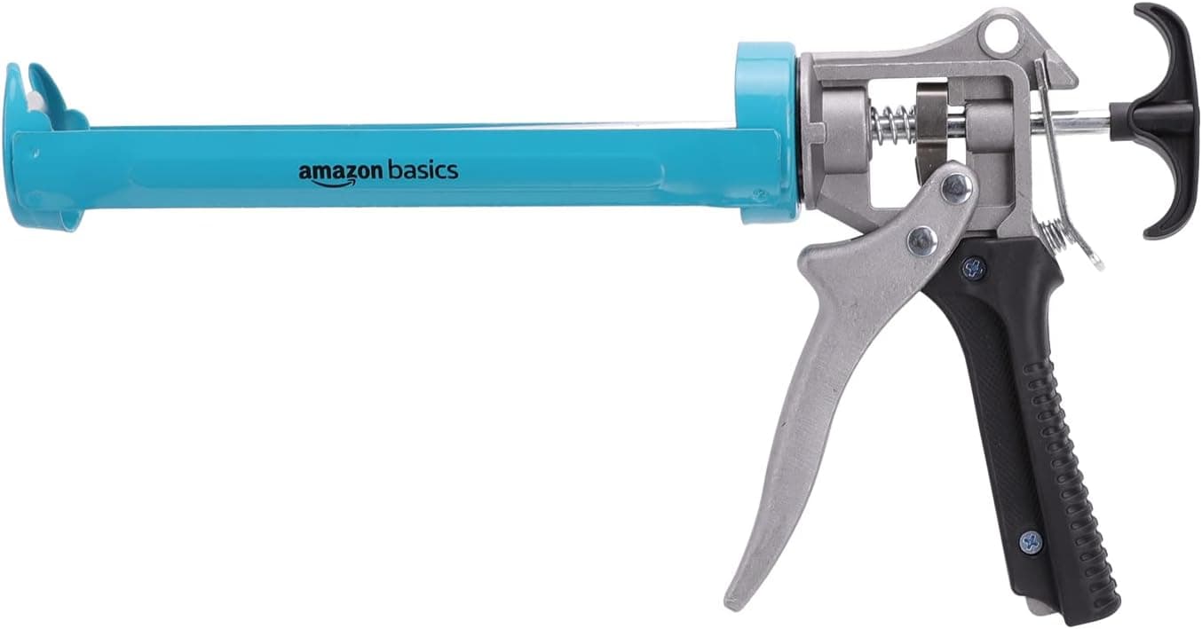 Amazon Basics Pistola para sellado de calafateo, resistente, 310ml, relación de fuerza 12:1, mango de aluminio con empuñadura de soporte de plástico, 0.3 litros, Azul y gris