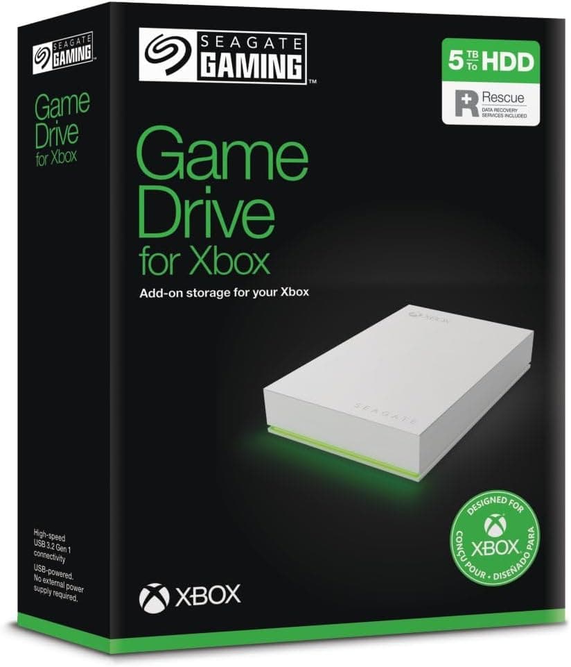 Seagate Game Drive for Xbox 5TB, Unidad de disco duro (HDD) externa portátil, USB 3.2 Gen 1, negra, certificación Xbox, LED RGB, Rescue Services (STKX5000100)