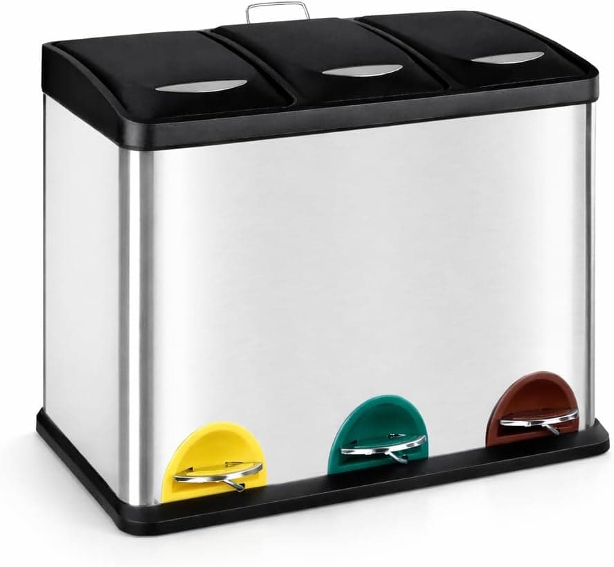 T-LOVENDO.ES Cubo basura o reciclaje 3 de compartimentos Grande | 3 X 8L Total 24 Litros | Contenedores de reciclaje separados por color | Papeleras con pedal | Acero | Gran capacidad
