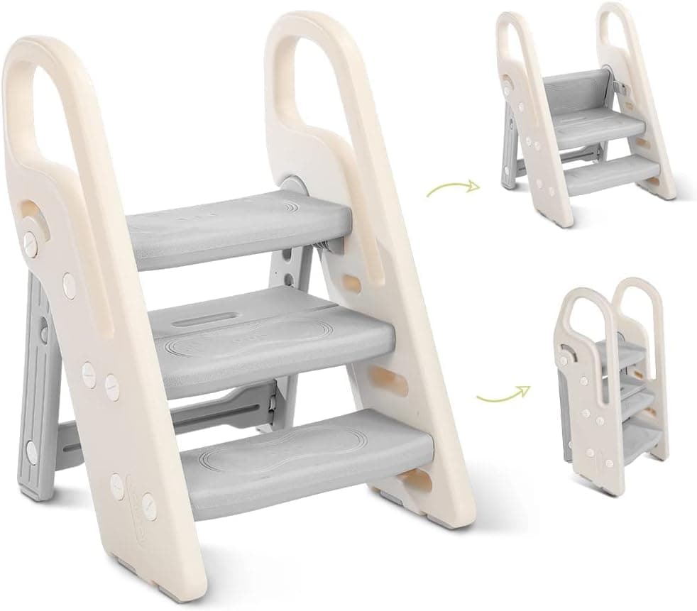Onasti Taburete Plegable de Escalon Infantil, Taburete Niños 3 peldaños, Asiento de Entrenamiento para Inodoro, multifunción, Ajustable en Altura, Antideslizante (Gris)