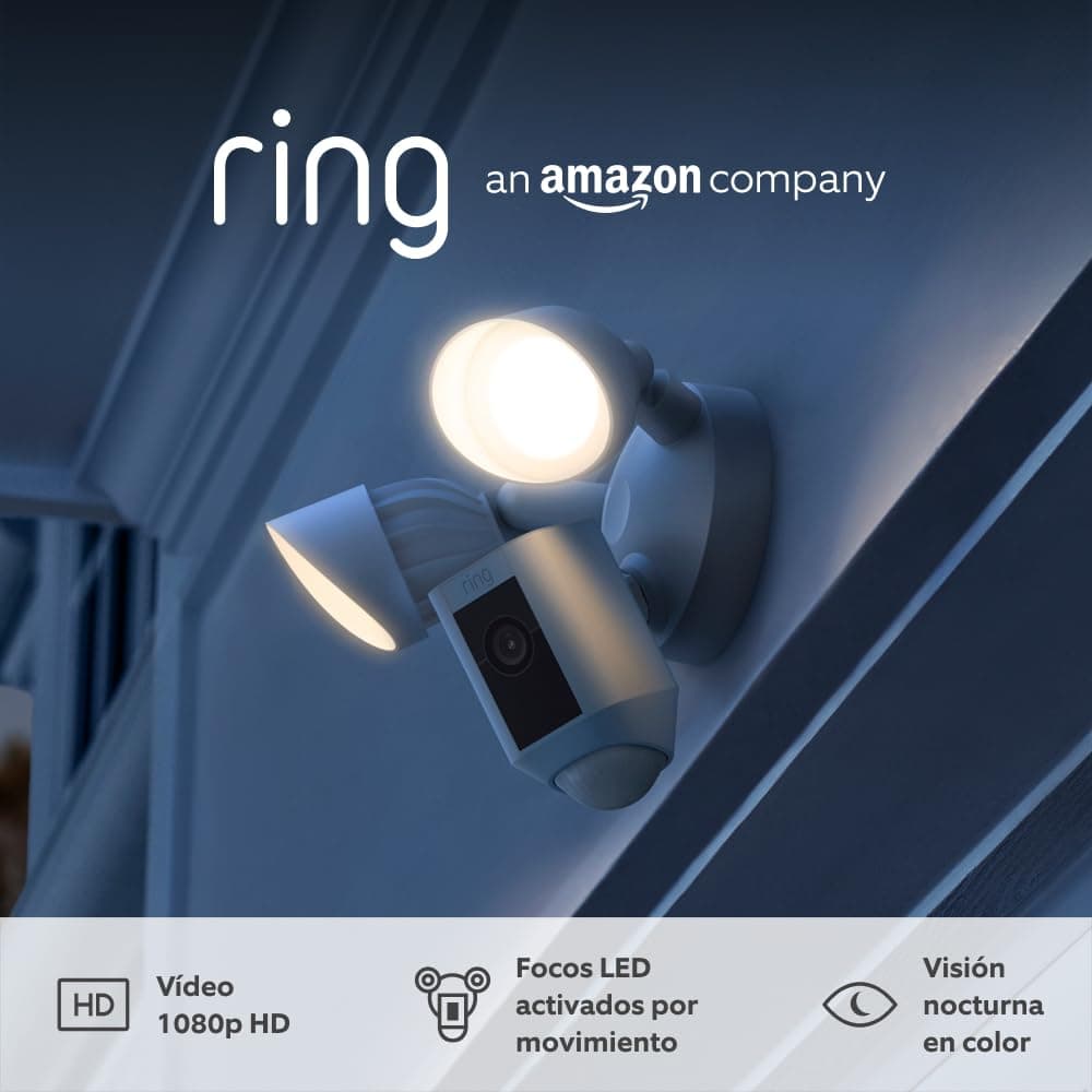 Ring cámara Plus con focos cableada (Floodlight Cam Wired Plus) | Cámara de vigilancia exterior wifi HD con comunicación bidireccional, focos LED y sirena | 30 días gratis de Ring Home | 2 Cámaras