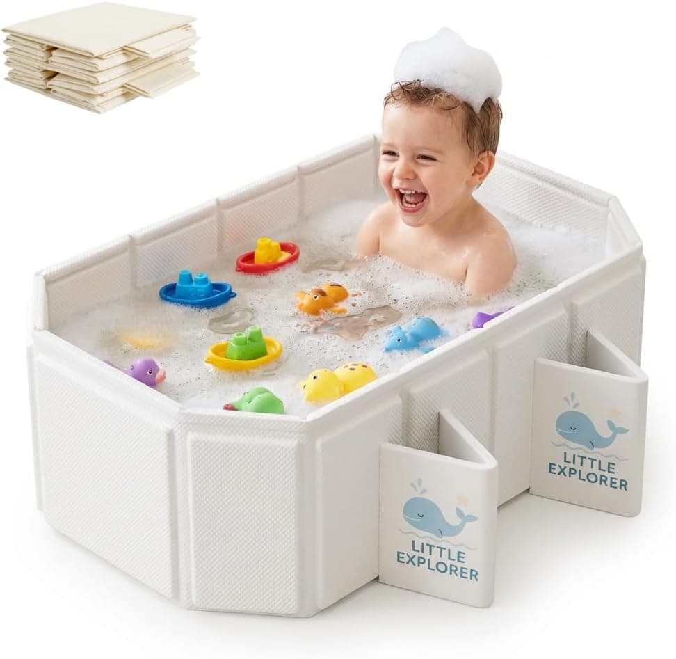 Bañera plegable para bebés de 0 a 6 años, bañera plegable para niños con 4 patas de apoyo estables y agujeros de drenaje duales, baño portátil de viaje, fácil almacenamiento, color blanco roto