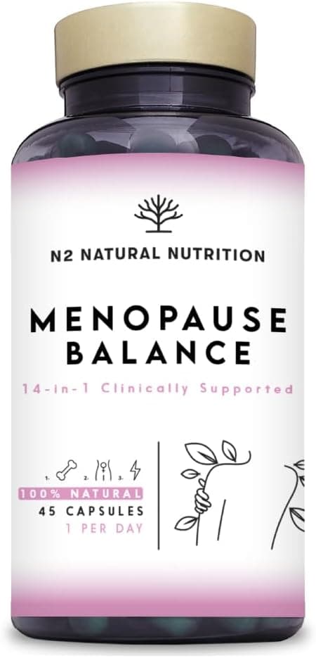 Menopausia, Equilibrio Estrógenos Femeninos y Progesterona. Fórmula 14 en 1 con Respaldo Clínico. 45 Cápsulas con Omega 3, Biotina, Vitamina D3 y K2. N2 Natural Nutrition