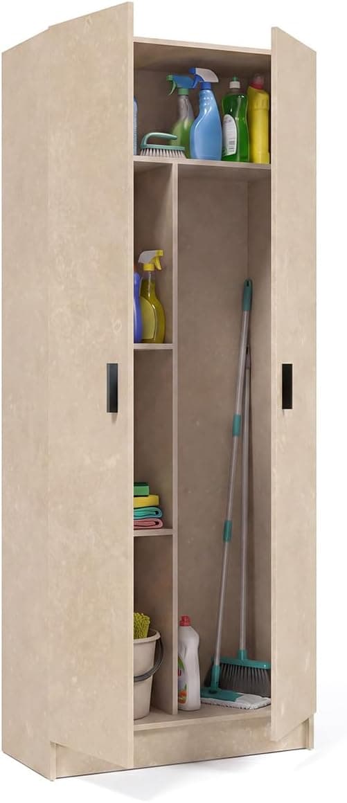 duehome | Armario Multiusos, Escobero, 2 Puertas, Modelo Multi Useful, Acabado en Color Microcemento Beige, Medidas: 73 cm (Ancho) x180 cm (Alto) x 37 cm (Fondo)