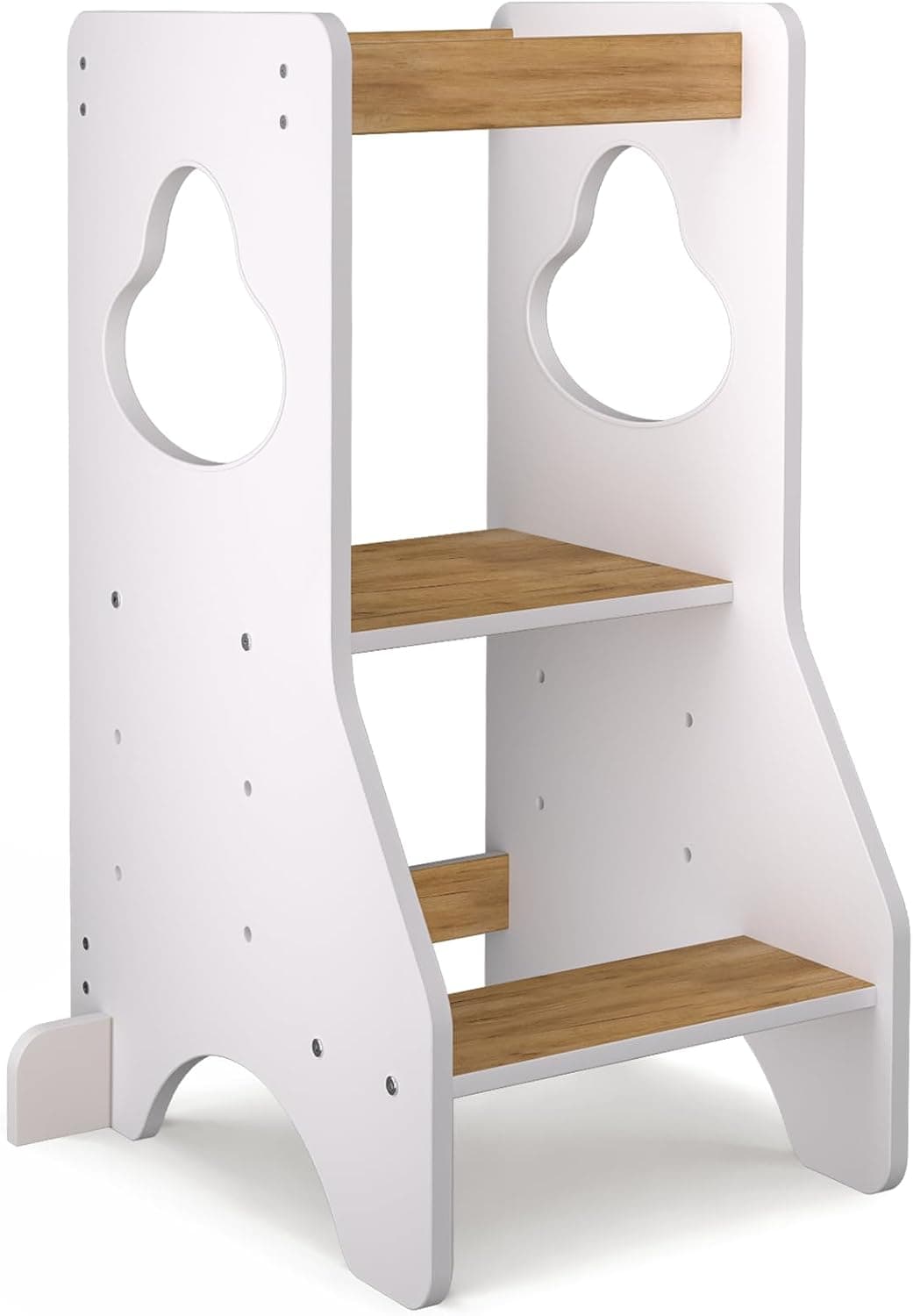 COSYLAND Torre de Aprendizaje Montessori de Madera para Niños Desde 18 Meses – Altura Ajustable en 3 Niveles – con Barandillas de Seguridad – Estable y Fácil de Montar – 80CM, Blanco y Natural, Disco