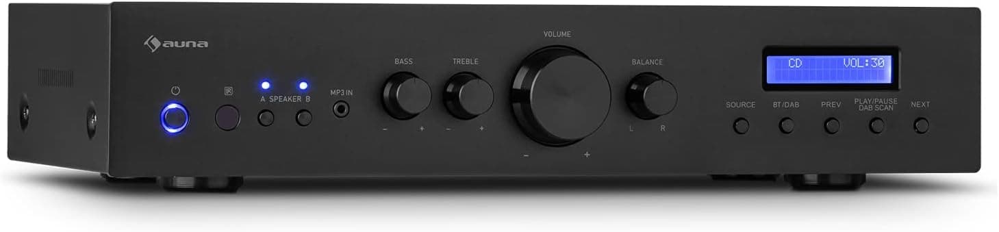 Auna Amplificador Audio Bluetooth para Equipo de Musica, Amplificador HiFi, AV y Control de Agudos y Bajo, Amplificadores Sonido con Subwoofer, 2 Canales de Audio y Altavoz con Mando a Distancia