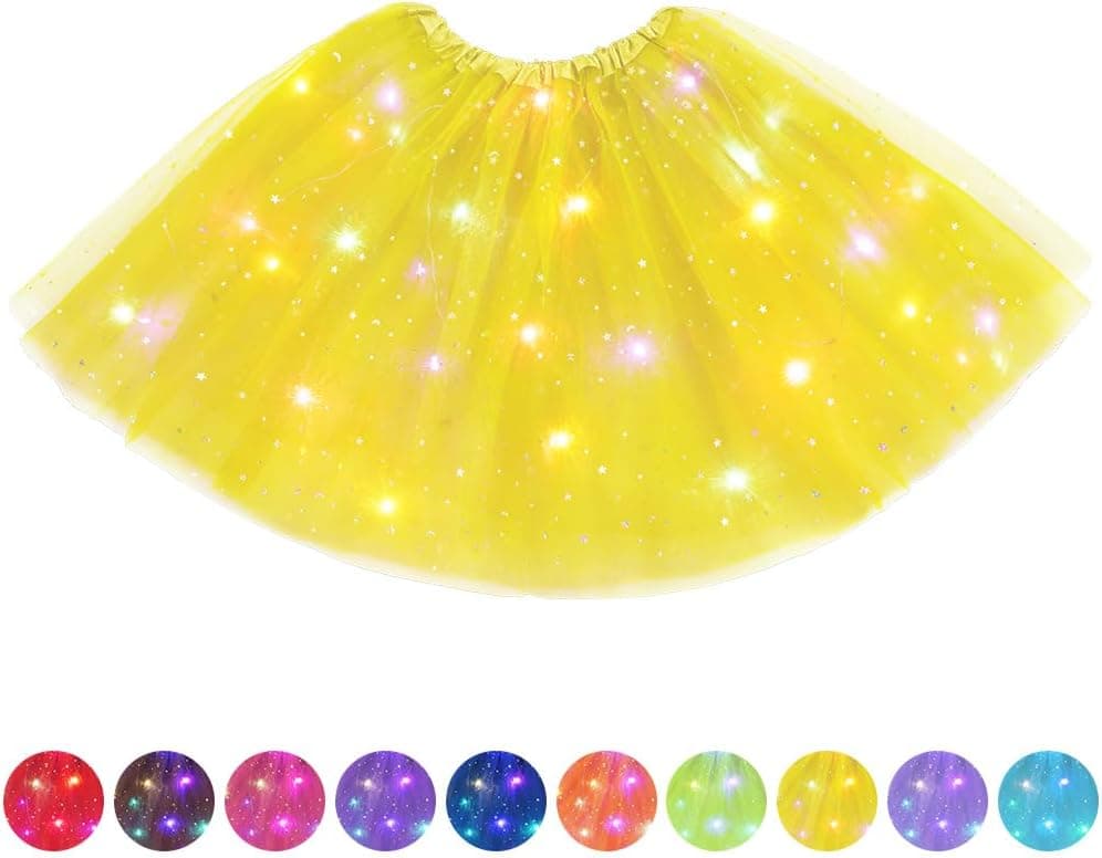 Tutu Falda Mujer Lentejuelas Estrellas Luces LED, Talla Única, Amarillo+ Bolsa de Vacío, Adulto, Mujer, Baile, Primavera, Verano y Otoño