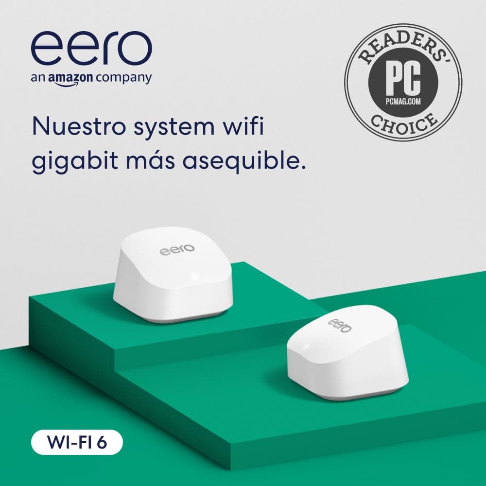 Router wifi de malla eero 6+ de Amazon | Con Ethernet de 1 Gb/s, 280 m2 de cobertura y capacidad para conectar más de 75 dispositivos | pack de 2, modelo de 2022